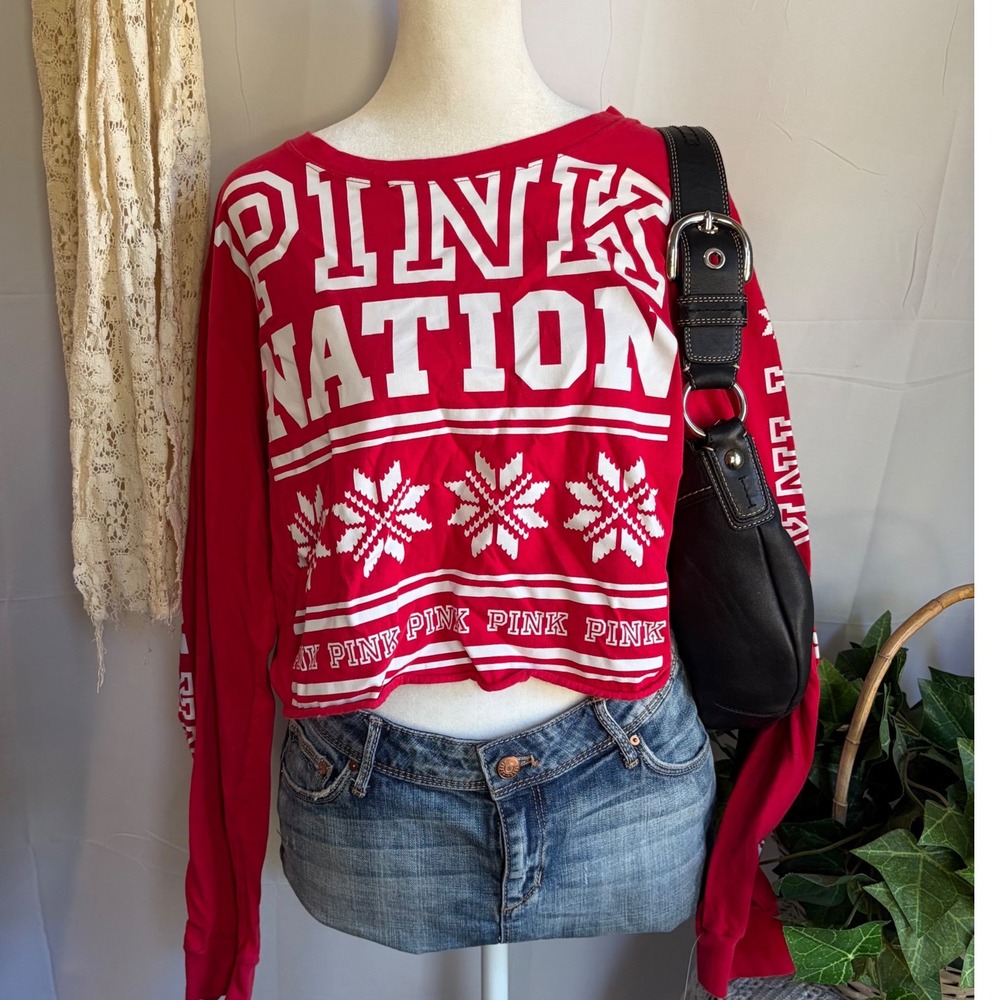 Y2K Victorias Secret PINK Nation Red Holiday Snowflake Long Sleeve Crop Top L
